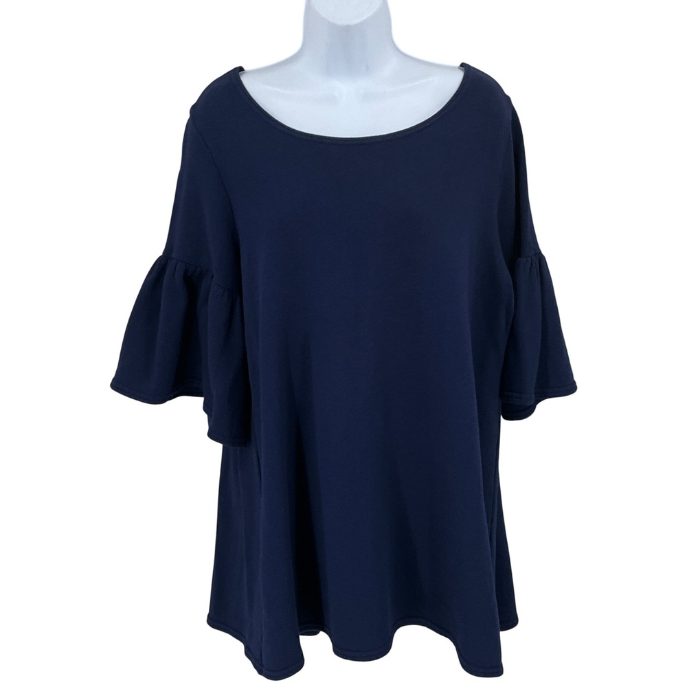 Bryn Walker Tunic Top Women L Blue Bamboo Cotton Bell Sleeve Lagenlook Coastal
